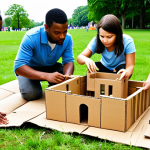 **Image Prompt:** A group of diverse children from different families working together on a "Build a City" project in a park, constructing buildings out of cardboard and craft supplies, showcasing teamwork and problem-solving. Parents are watching and assisting, fostering a collaborative learning environment.